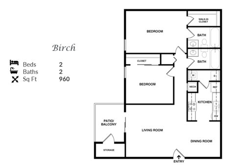 The 2-bedroom, 2-bathroom 960 sqft Birch Floor Plan at Trails at Alabaster