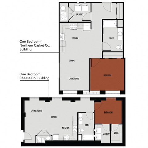 the one-bed, one-bath floor plans at Brooke Street Lofts in the Casket and Cheese buildings
