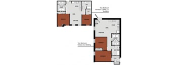 the two-bed, one-bath floor plans at Brooke Street Lofts in the Casket and Cheese buildings