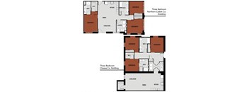 the three-bed, two-bath floor plans at Brooke Street Lofts in the Casket and Cheese buildings