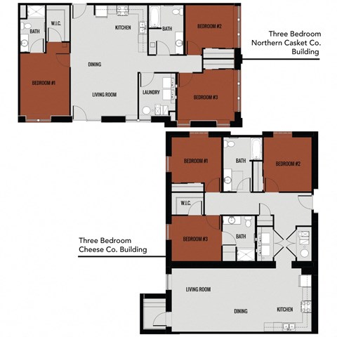 the three-bed, two-bath floor plans at Brooke Street Lofts in the Casket and Cheese buildings