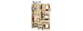 A detailed 3D floor plan of a two-bedroom apartment.