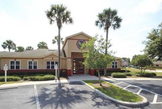 leasing office with towering palms and ample parking