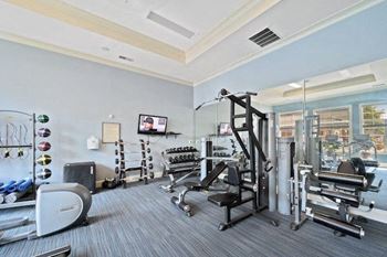 Fitness center with weight machines and free weights at Centerville Manor Apartments, Virginia, 23464