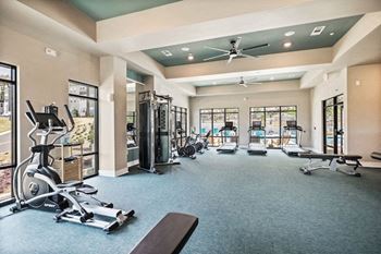 the fitness center has plenty of exercise equipment and windows