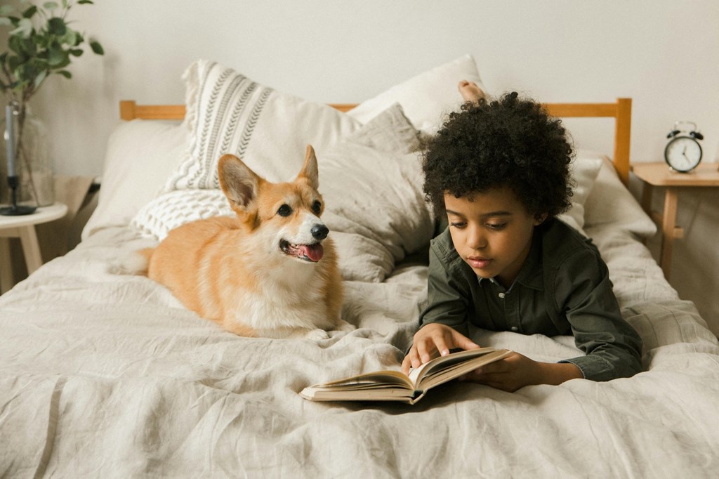 a boy and his dog laying on a bed reading a book