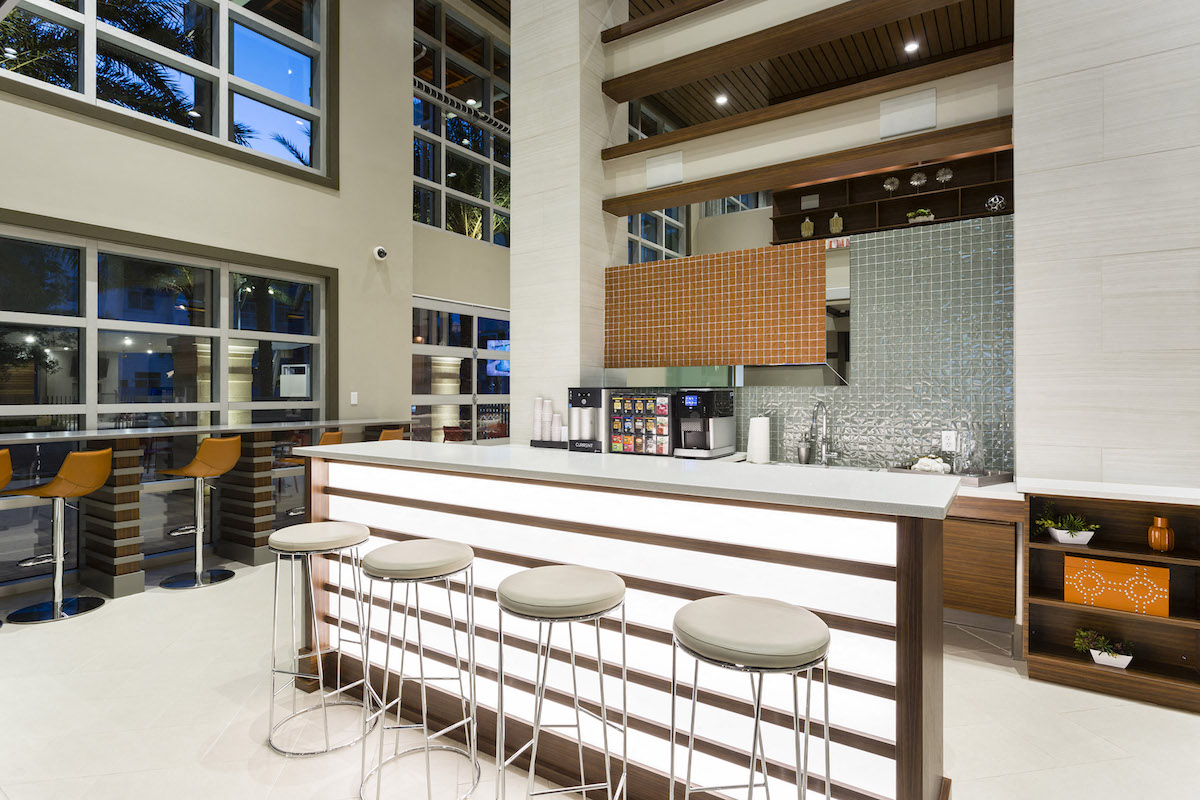 Clubhouse coffee bar with stools  at LandonHouse in Lake Nona