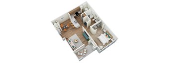 A top down view of a small apartment with a living room, kitchen, and bedroom.