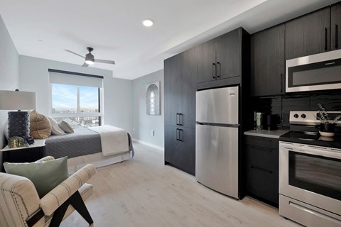 studio apartment with living and sleeping area and kitchen