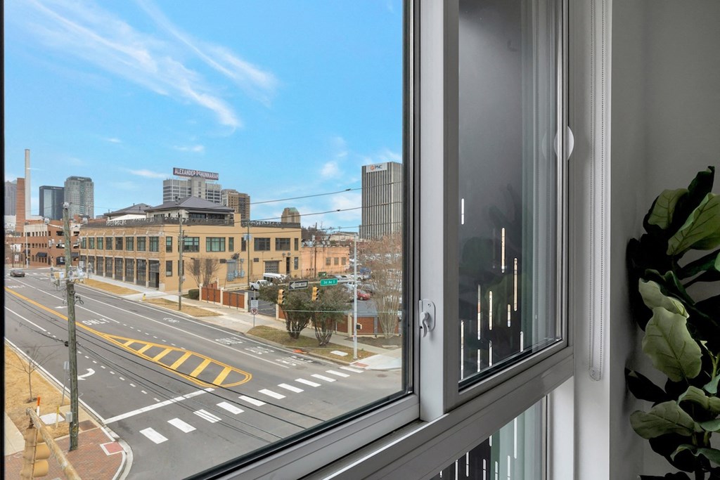 stunning city view from studio apartment window at The Citizen Birmingham.