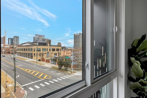 stunning city view from studio apartment window at The Citizen Birmingham.