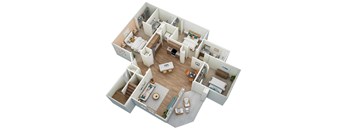 A 3D floor plan of a house with multiple rooms.