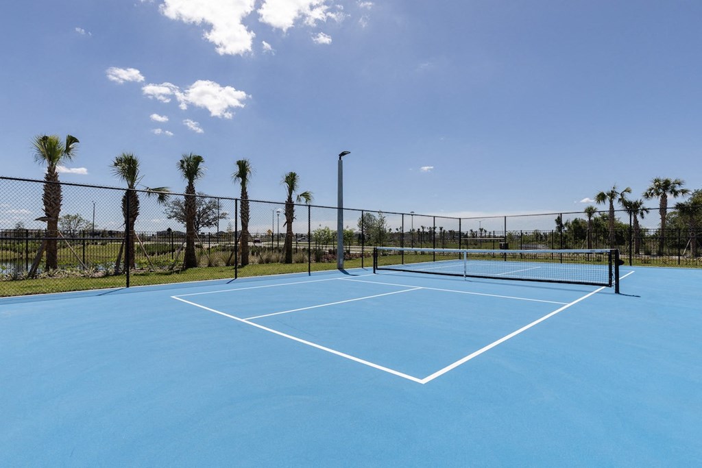 a blue tennis court with palm trees in the background at Concorde