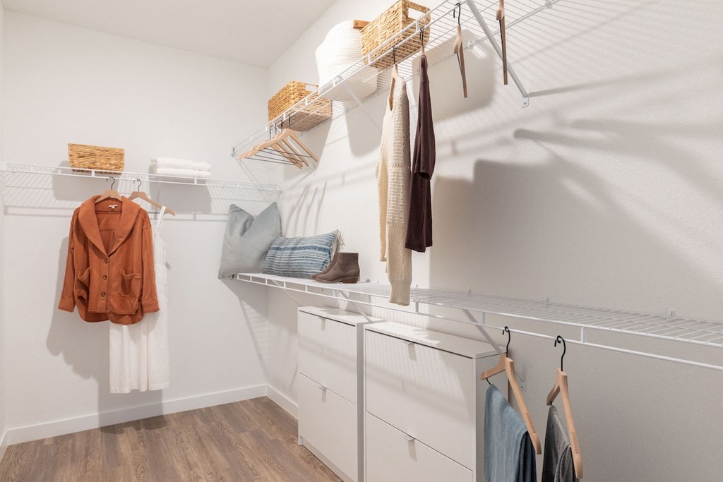 walk-in closet with built-in shelving in Concorde apartment