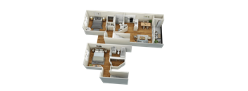 A 3D floor plan of a two-bedroom apartment.