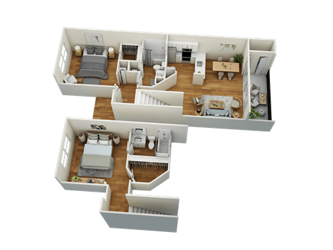 A 3D floor plan of a two-bedroom apartment.