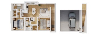 A top-down view of a house layout and a side view of a car parked in a garage.