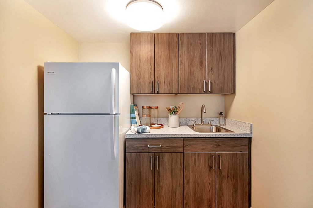 a small kitchen with a refrigerator and a sink