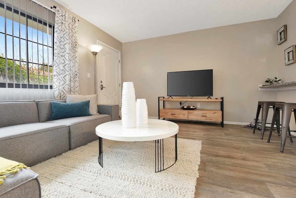 An apartment at The Oasis Daytona with a large window, wood-style floors, and model furnishings