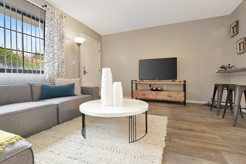 An apartment at The Oasis Daytona with a large window, wood-style floors, and model furnishings