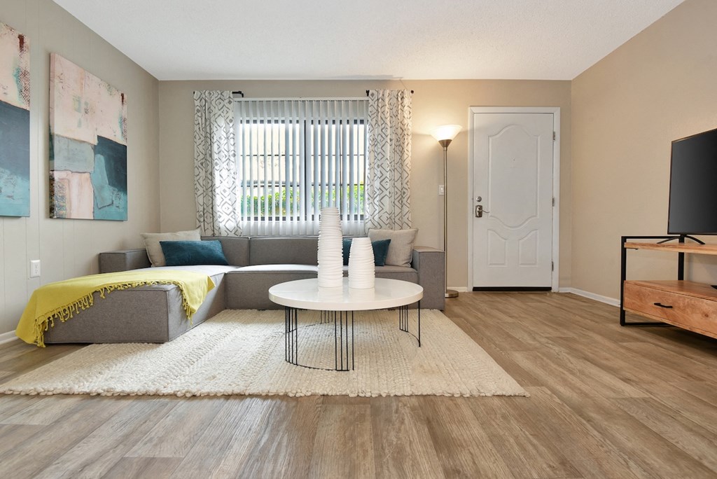 the model apartment living room with furnishings at The Oasis Daytona in Daytona Beach, FL