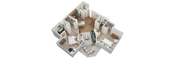 A 3D floor plan of a house with a kitchen, living room, and bedrooms.
