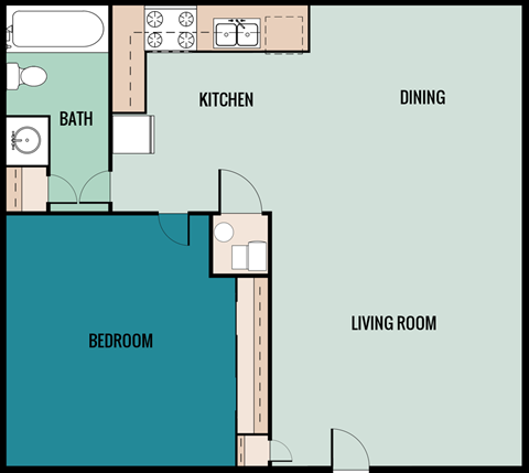 the 1-bed, 1-bath 730 square foot floor plan at Eastland Apartments