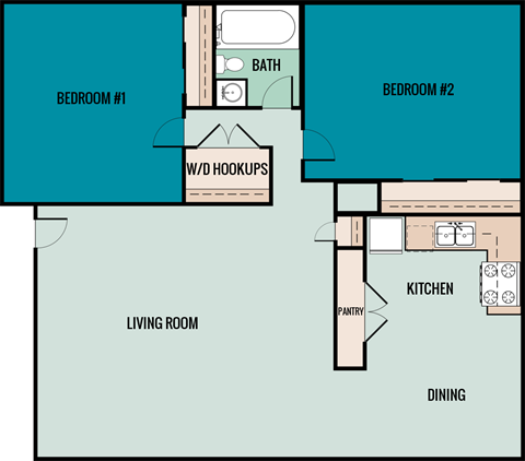 the 2-bed, 1-bath 1,025 square foot floor plan at Eastland Apartments