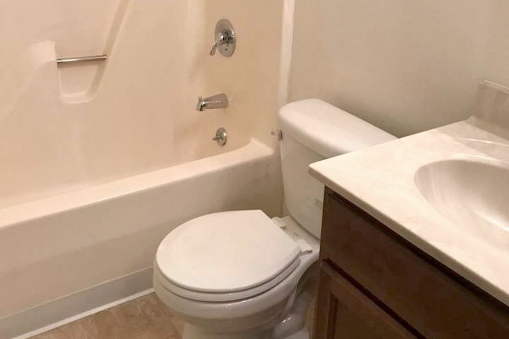 a bathroom with a toilet and a tub and a sink vanity