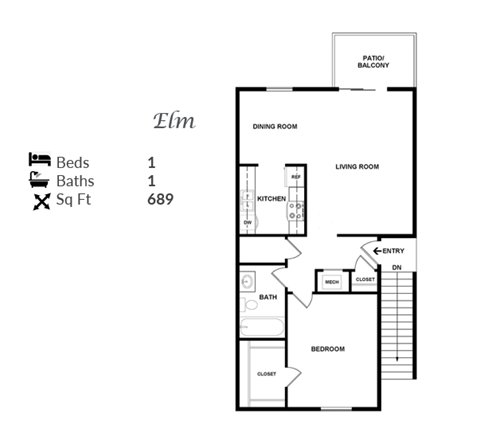 The 1-bedroom, 1-bathroom 689 sqft Hickory Floor Plan at Trails at Alabaster