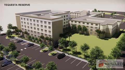 Exterior rendering of Tequesta Reserve affordable senior apartments in Davie, Florida.