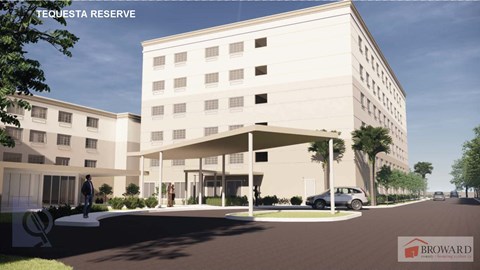 A rendering of a modern building with the text "TEQUESTA RESERVE" on the top.