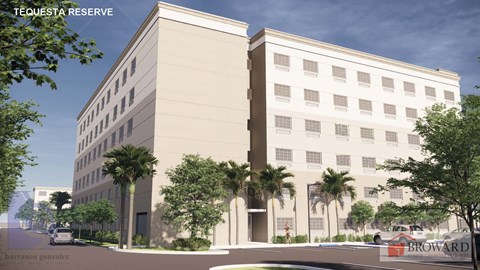 Exterior rendering of Tequesta Reserve affordable senior apartments in Davie, Florida.