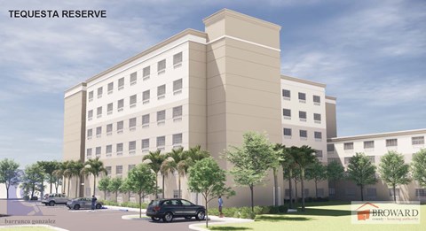 A rendering of a building with the text "TEQUESTA RESERVE" on the top left corner.