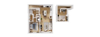 A dollhouse with a white background and a cutout of a living room and kitchen.