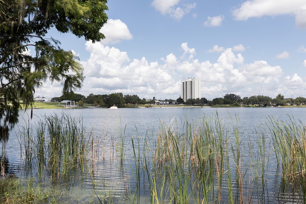 A body of water with a building in the background and trees in the foreground.