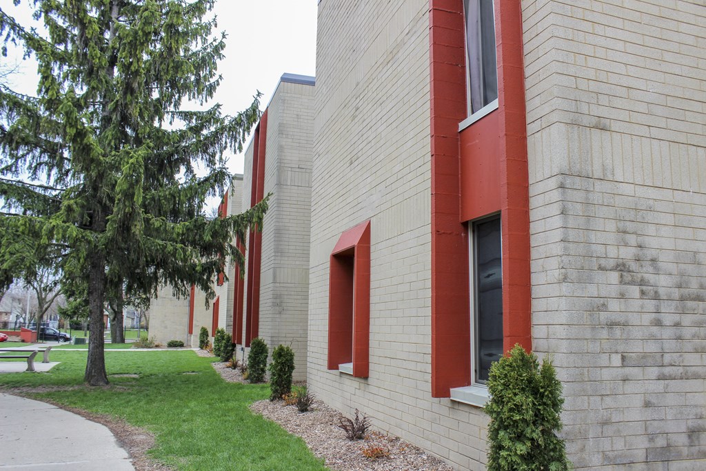A building with a red trimmed window and a tree in front of it.