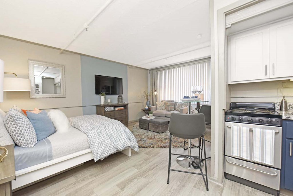 kitchen with stainless steel stove, and large living and bedroom area
