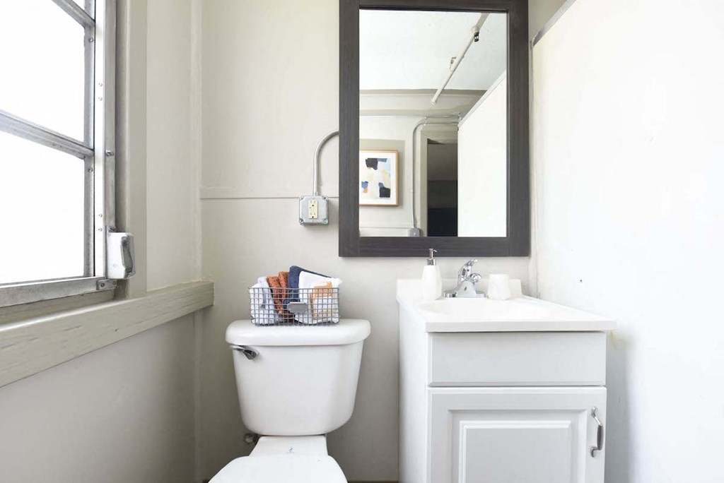 bathroom with toilet, sink, mirror, and window