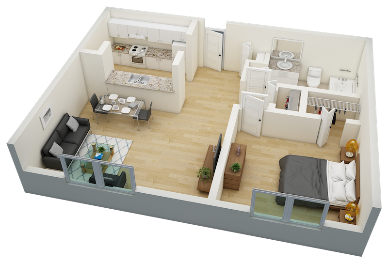 530 square foot 3D floor plan of Villa Seton one bedroom, one bathroom apartment
