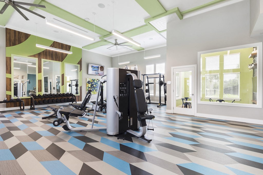 weight tower in center of fitness center