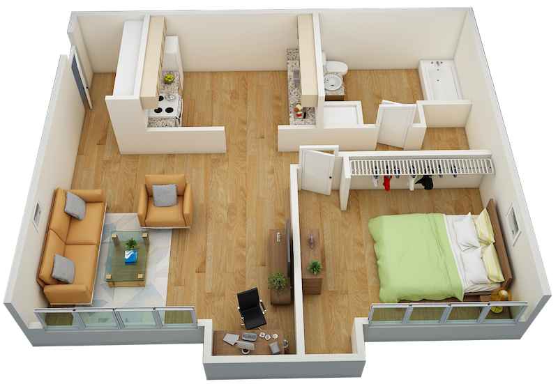 One bedroom one bathroom apartment with living room and kitchen