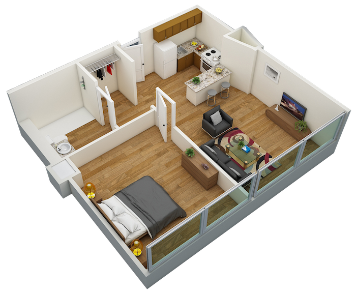 3D 1x1 HC floor plan at Florida Christian Apartments
