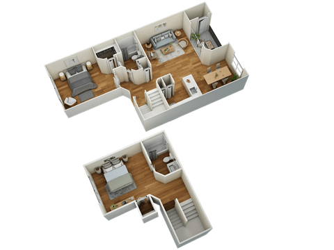 A 3D rendered image of a two-story house layout.