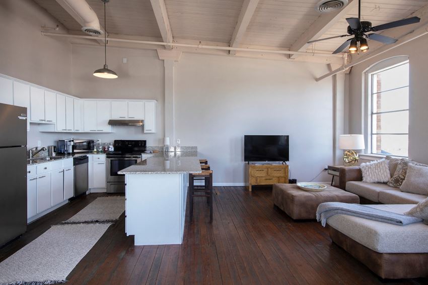 Living Room With Kitchen Living Room With Kitchen at Goodall-Brown Lofts, Birmingham, AL - Photo Gallery