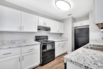 Kitchen in Goshen Estates Apartment with black appliances, wood-style flooring, and tile backsplash - Photo Gallery 6