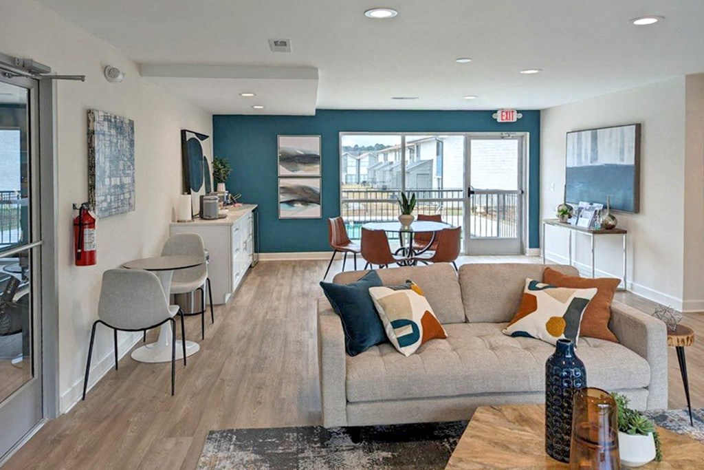 Huntsville Landing clubhouse with coffee bar and comfortable seating  at Huntsville Landing Apartments, Huntsville, Alabama