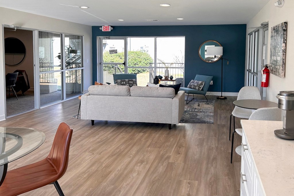 Clubhouse with comfortable seating and coffee bar  at Huntsville Landing Apartments, Alabama, 35806