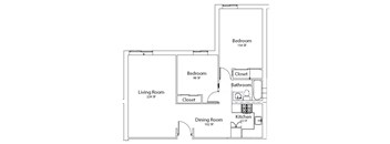 A floor plan of a home with a living room, dining room, kitchen, and two bedrooms.