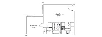A floor plan of a small apartment with a bedroom, living room, kitchen, and bathroom.